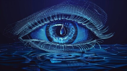futuristic wireframe eyes. Drop of water symbolizes moisturizing liquid for the eyes.