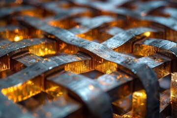 Glowing weaved metal patterns fill the frame, capturing the interplay of light and the complexity of industrial design
