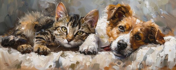 The personalities of a cat and a dog in an engaging oil painting on canvas