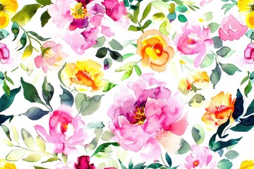 Vibrant Watercolor Floral Pattern with Blossoms and Botanical Accents