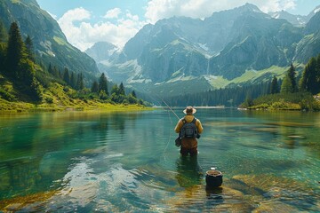 A peaceful scene of a fisherman wading into a clear lake with mountains in the distance, reflecting relaxation