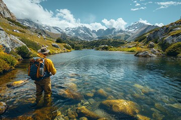 Fototapeta premium An angler expertly casts his line in a beautiful mountain lake, surrounded by sweeping grasslands and dramatic peaks