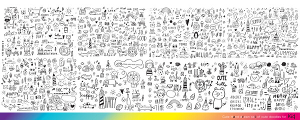 Collection of hand drawn cute doodles,Doodle children drawing,Sketch set of drawings in child style,Funny Doodle Hand Drawn,Page for coloring, cute animal,Foods doodles hand drawn  vector 