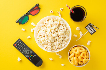 Enjoy ultimate movie night in. Top-view of savory snacks, 3D glasses, remote for streaming....