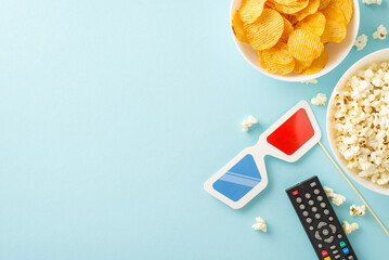 Create your own cinema magic: top view of popcorn, snacks, 3D glasses decor on stick, remote...