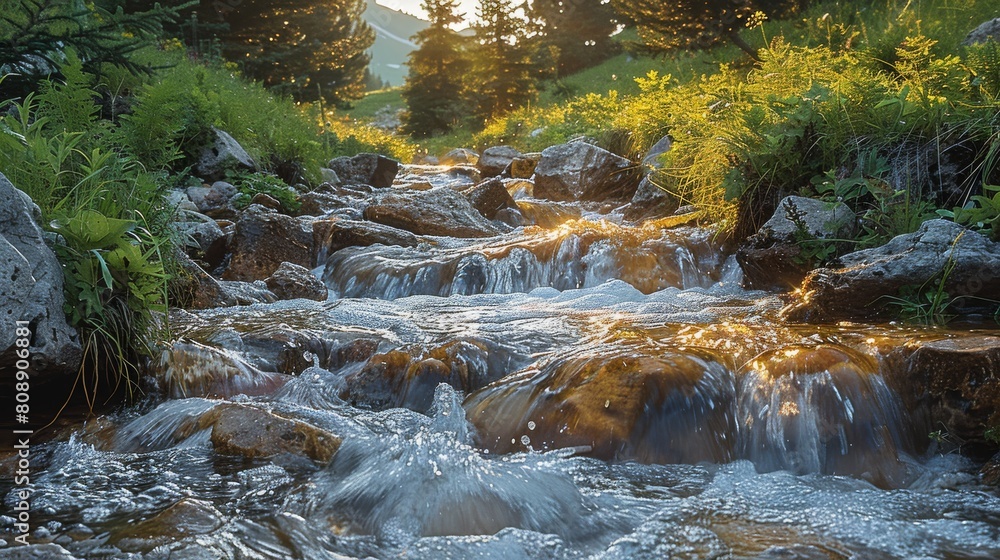 Poster Flowing streams in the mountains. Generative AI.