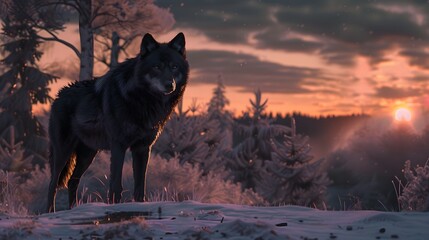 8K wallpaper of a black wolf standing on a snowy hillside at twilight, with its piercing gaze framed by the darkening sky and frost-covered trees