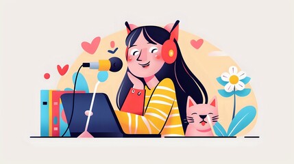 Creative illustration of a woman recording her podcast