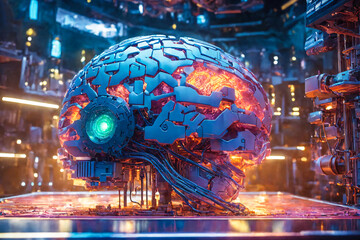 Giant illuminated fantastic brain shaped chip on the motherboard. Symbolic processor of artificial intelligence controlling humanity. - 808907277