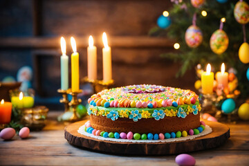 Easter cake in plate on decorated table with colorful holiday eggs and burning wax candles. - 808907296