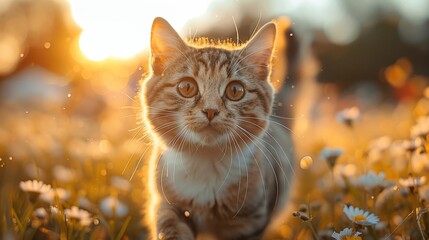 Summer background, A beautiful cat running in flower field in a sunny dreamy day