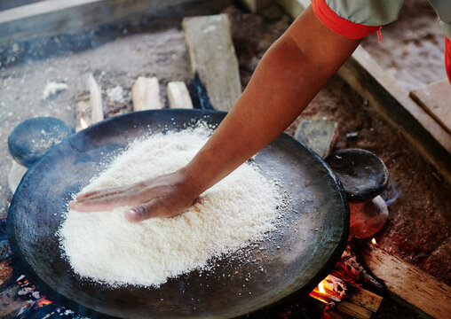 Hand preparing tortillas from Yucca Cuyabeno wildlife reserve, Amazon rainforest, Ecuador, South America
