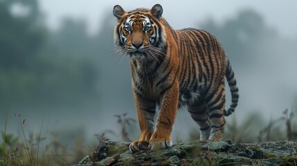A tiger is standing on a rock in a forest with foggy