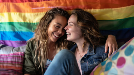 Authentic shot of happy married homosexual female gay couple laughing and embracing on the sofa with rainbow pride flag on background - lesbian couple at home enjoying life together Stock Photo photog