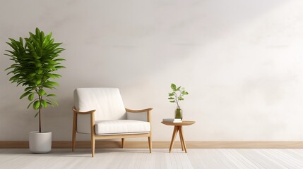 Modern Minimalist Interior with white wall and armchair.