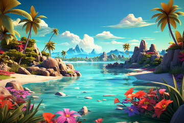Tropical paradise flat design side view beach theme 3D render Vivid