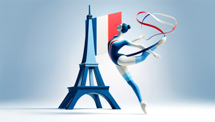Rythmic Gymnast athlete with ribbon and Eiffel tower France, Olympic games 2024