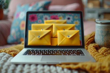 A comfortable home setting featuring a laptop with bright yellow envelopes on screen, evoking warmth and communication