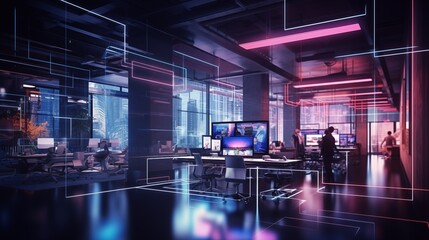 Modern neon cyberpunk open space office interior blurred with information technology overlay. Corporate strategy for finance, operations, marketing.