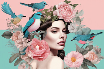 Portrait of girl with flower crown and various birds