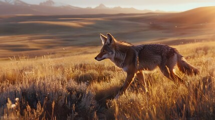 8K wallpaper of a coyote trotting through a grassy plain at dawn, with the first light illuminating the surrounding landscape and distant mountains