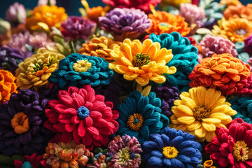 Beautiful vivid colorful knitted dahlias and aster flowers made yarn. Wool floral decoration.