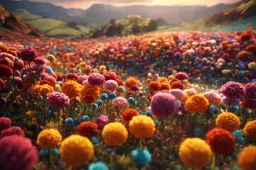 Highland field of colorful dahlias flowers. Floral landscape with limited depth of field and selective foreground focus. - 808908661