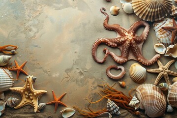 A curious octopus exploring the ocean floor with various shells, starfish, and seaweed