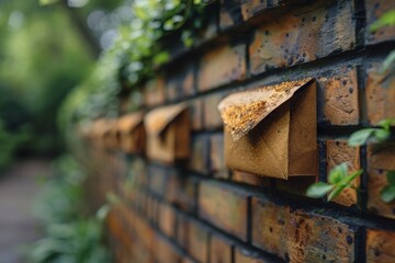 A mesmerizing, detailed image showcasing a vintage mailbox with golden dust on a rustic brick wall...