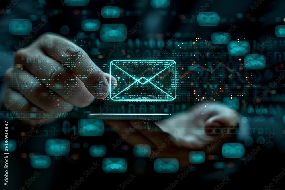 Poster a high-tech concept image featuring hands interacting with a digital hologram of an envelope symboli