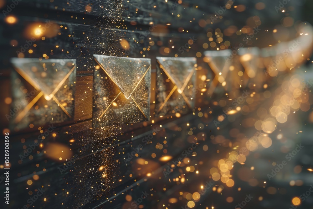 Poster an artistic depiction of golden, glowing envelopes effortlessly floating in a dark, cosmic-like back
