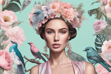 Portrait of girl with flower crown and various birds