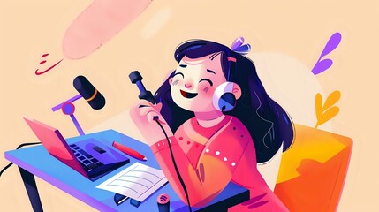 Fototapeta premium Happy woman podcasting with a bright and motivating workspace