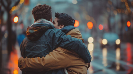 Two man couple hugging each other standing at street Stock Photo photography