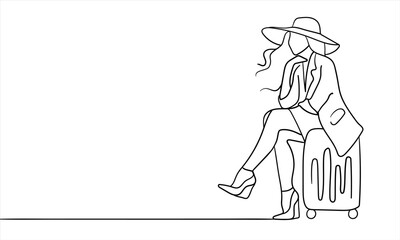 Girl travels in a hat and sits on a suitcase outline. Adventure continuous line art drawing isolated on white background. Vector illustration