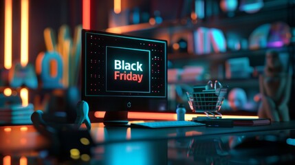 A computer monitor with a black friday sign on it