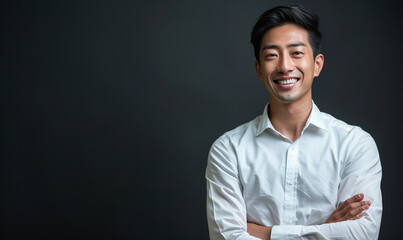 Asian male businessman smiling confidently, black background