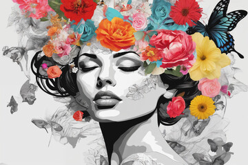 Contemporary art collage. Beautiful young girl girl in a hat made of flowers. Modern artwork.