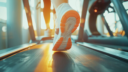 Close up foot. Asian athlete sport woman runner touch start button before workout running on...
