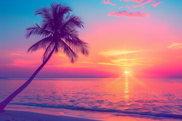 Fototapeta na wymiar colorful gradient sunset with one palm tree extending above sunset with beach in the background