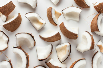 background of coconut, Arrange the pieces of fresh coconut on the white background - Powered by Adobe