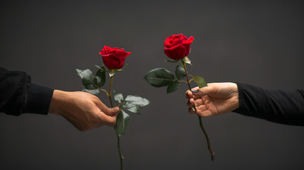 Couple giving roses on black background on Valentine's Day