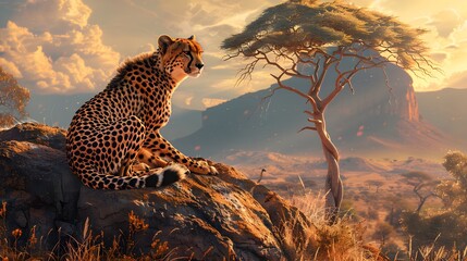 8K wallpaper of a graceful cheetah resting on a sunlit hilltop in the African savannah, with an...