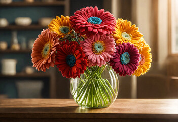 Gerberas flowers in a glass pot on wooden table in home room