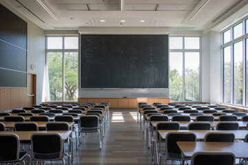 Spacious college classroom with modern furniture and large windows