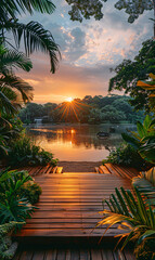 Sunset view from modern wooden terrace overlooking tranquil lake. Serene nature and relaxation concept. Design for wallpaper, poster, greeting card.