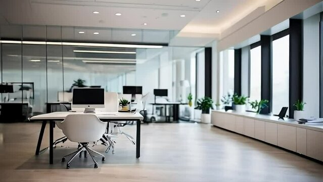 A large open office space with a lot of natural light and plants