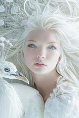 Charismatic albino girl with unique white skin with a white peacock