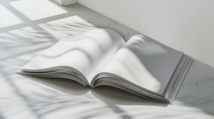 Open book on white bed with natural light and shadows