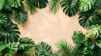 Tropical leaves background vector presentation design, green monstera and palm leaves framing a beige background